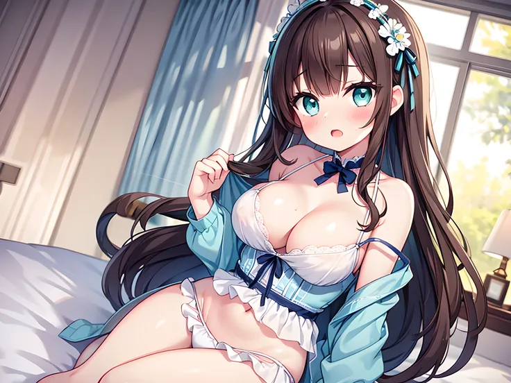 best quality, ultra-detailed, illustration, beautiful detailed eyes, cinematic lighting, professional lighting, cute, kawaii, 1girl, solo, high quality, high resolution, light indigo intricate babydoll, strap slip, breasts slip, covering breasts, sitting o...