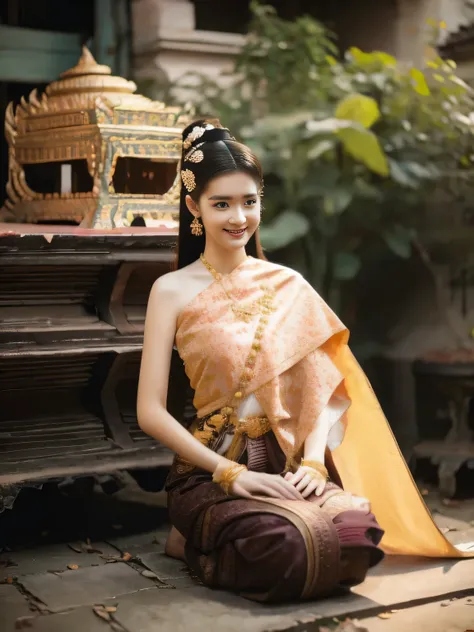 beautiful girl ,Thai women'warrior, walking at thai measure, dynamic poses, 3 D, 8k, 45,000,000,000 pixels, Thai chat set, Strapless shirt, long hair,black eyes,abdominal muscles, plump body, rounded chest, (big breast:1.3), rift, morning sun, staring...