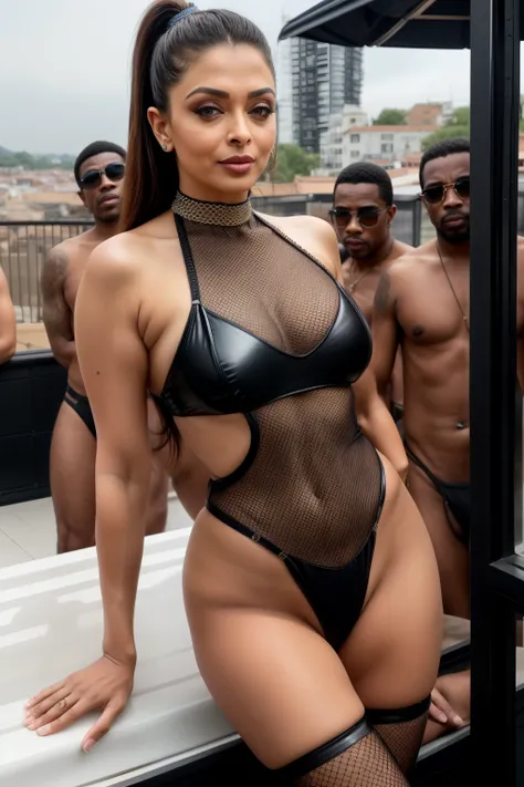 Full body photo of SEX 50YO MATURE MILF AISHWARYA RAI as SEXY MILF PORNSTAR, (ponytail hair), ((CHAIN MESH SKIMPY BIKINI)), ((boots)), (((SURROUNDED BY BLACK MEN in ((CROWDED ONLY BLACK NUDE BOYS TERRACE PARTY))))), day scene, curvaceous mature hourglass f...