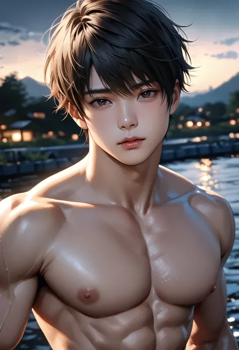 high quality, detailed, Realistic,(one 24 years old japanese boy:1.5), (detailed black eyes), (black short hair), (muscle:1.2), night river, (bulge), (detailed nipples), detailed areola, best quality, 4k, 8k, highres, (masterpiece:1.2),ultra-detailed, (rea...