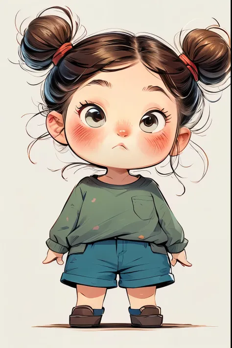 watercolor painting，Chibi A cartoon baby wearing a green shirt and blue shorts, cute digital painting, cute digital art, Lovely and detailed digital art, cute portrait, Lovely art style, Lovely and detailed art, cartoon art style, Super cute and stylish re...