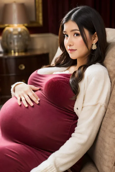 heavily pregnant woman holding her big belly wearing tight velvet maternity dress and accesories having contractions pain
