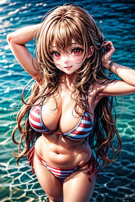 {worst quality, low quality}, ((girl photo)), solo, big breasts, clear eyes and plump lips, ((beautiful Red eyes ):1.2), Spoken heart, (Perfect hands: 1.3), (Red hair, long hair), (Red and white striped bikini), arms behind head, cute pose, The best smile,...