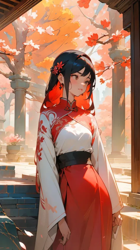 chinese ancient style，Girl in a red dress，+Graceful posture,Beautiful Face,Delicate embroidery on costumes,Ancient court scenery,Scattering cherry blossoms,Mysterious ancient structure,Glazed tile roof,Bluestone Road,Powerful ink painting style，Beautifully...