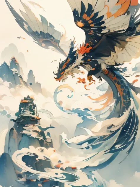 Brightly colored Chinese watercolor dragon flying over mountains with sky background, Dragon Art, 中国ink龙启发,Watercolor style,ink,Chinese Art Style,No wings,A beautiful artistic illustration
