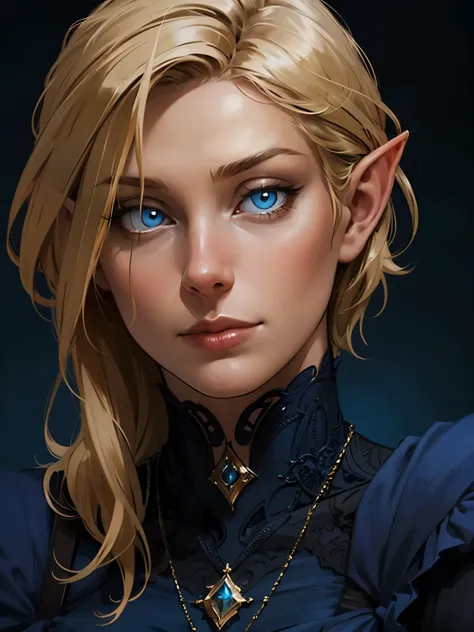  beautiful blond elven woman in her 30s, with blue eyes and striking features, exuding maturity and allure in a seductive pose.(dark-blue background), pointy ears, glowing eyes, beauty, blond medium hair, an14