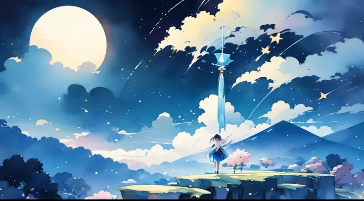 cloudの上、Calm、sleep、Sleep、 Stars and Moon in the Sky, Bright colors, Concept art inspired by Tosa Mitsuoki, pixiv Contest Winner, Highest quality, Fantasy art, Beautiful anime scene, Golden Moon, No humans, Starry Sky, scenery, cloud, Shine, Bright Moon, ...