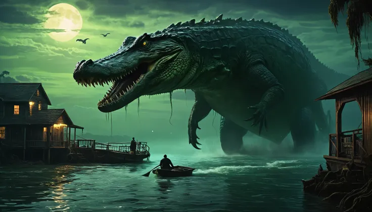 a picture, taken from a boathouse with a giant crocodile, that comes out of the water, lovecraftian atmosphere, cthulhu rises fr...