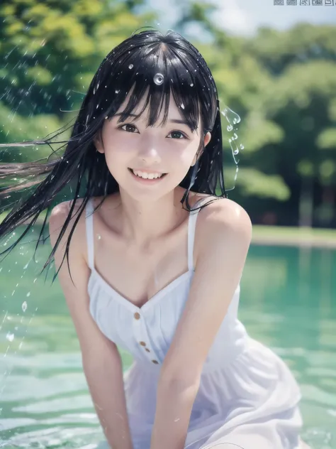 (Close up portrait of slender small-breasted two side up black medium hair with bangs girl wearing a white summer dress:1.5)、(One girl is playing with big smile under the water shower at the park in Japan:1.5)、(Summer beautiful blue sky:1.5)、(blurred backg...