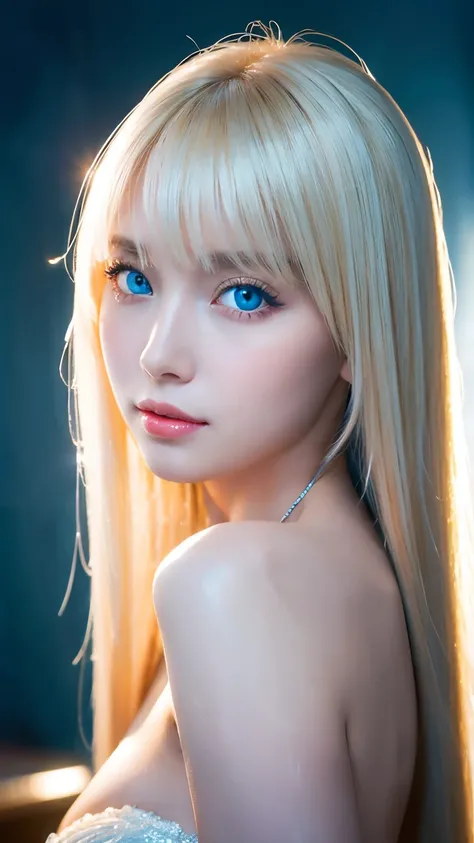 Unparalleled beauty, Glossy, firm and shiny skin, Bangs between the eyes, Beautiful shiny, straight platinum blonde, Super long straight silky hair, eyeliner, sexyで美しい無邪気な20歳, High resolution, Very bright and beautiful large glowing light blue eyes、Very bi...