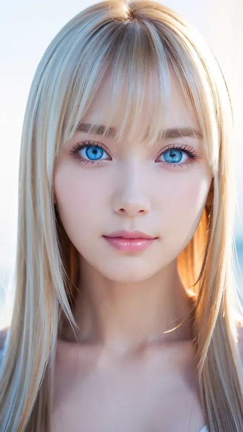 Unparalleled beauty, Glossy, firm and shiny skin, Bangs between the eyes, Beautiful shiny, straight platinum blonde, Super long straight silky hair, eyeliner, sexyで美しい無邪気な20歳, High resolution, Very bright and beautiful large glowing light blue eyes、Very bi...