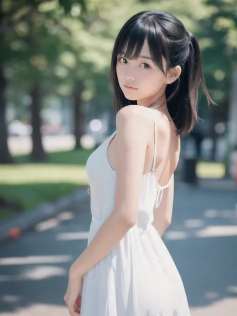 (Close up face shott of slender small-breasted two side up black medium hair with bangs girl wearing a white summer dress:1.5)、(One girl is looking back with serious face at the park in Japan:1.5)、(Summer beautiful blue sky:1.5)、(blurred background:1.5)、(8...