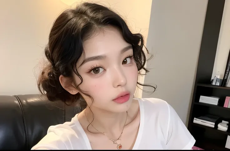 Kim Jennie with black hair, with curls, Brown eyes, pretty eyes, He, pretty lips, pink lips, Heart and cupid shaped lips, Beautiful skin, pale white skin, with moles and freckles all over his face, soft pink blush on cHeeks, douyin makeup, popular korean m...