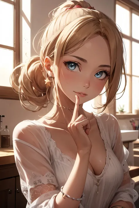 ((Highest quality)), ((masterpiece)), (detailed), One girl, sexy,1 female, (Focus on the eyes), A woman with a calm expression holds her index finger over her mouth "quiet" Pause, Soft pink and beige shades, Natural light casts soft shadows on the face, So...