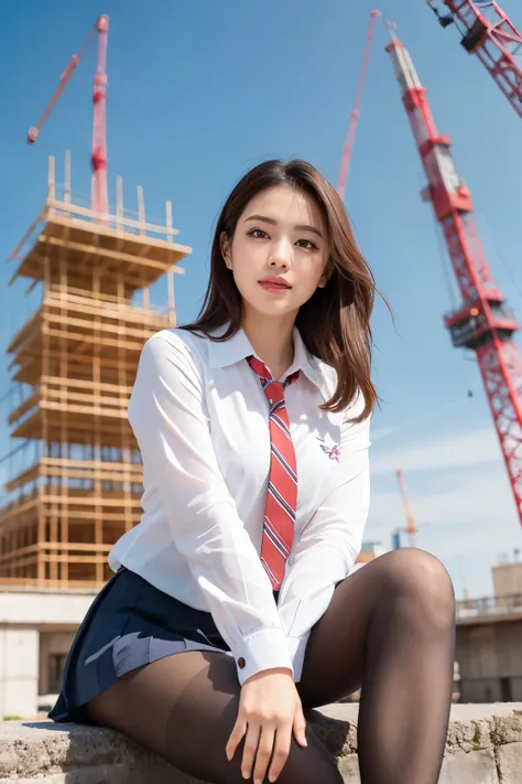 masterpiece, Bokeh, (Beautiful Face), (Detailed face), (Perfect hands), (Japanese Idols:1.6), (school uniform:1.3), (Ultra-realistic pantyhose:1.3), (Sit at the top of the tower:1.3),( Large bridge construction site:1.3), (Blushed:1.3), Working boots, (Fro...