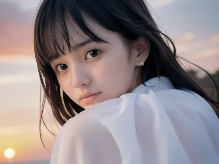 (Close up face shot of slender small-breasted two side up black medium hair with bangs girl wearing a white summer dress:1.5)、(One girl is looking back and crying face with tears at the cape of the sea in Japan:1.5)、(Summer beautiful sunset red sky:1.5)、(b...