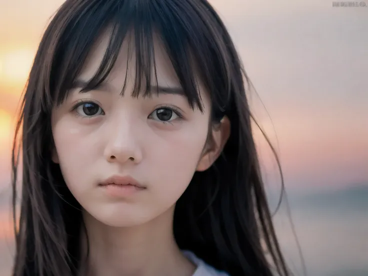 (close up face shot of slender small-breasted two side up black medium hair with bangs girl wearing a white summer dress:1.5)、(o...