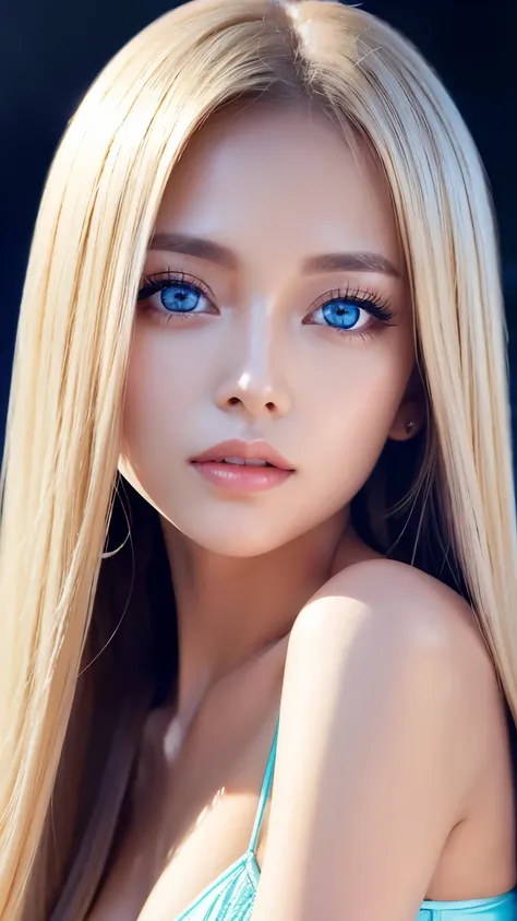 Unparalleled beauty, Glossy, firm and shiny skin, Bangs between the eyes, Beautiful shiny, straight platinum blonde, Super long straight silky hair, eyeliner, sexyで美しい無邪気な20歳, High resolution, Very bright and beautiful large glowing light blue eyes、Very bi...