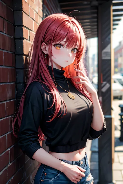 (masterpiece, best quality, 1 girl, alone, intricate details, Chromatic Aberration), actual, ((Moderate breathing)),long hair, Red hair, red decoration on head, pink highlights, Amber eyes, earrings, Sharp eyes, necklace, neon shirt, ripped shorts, unbutto...