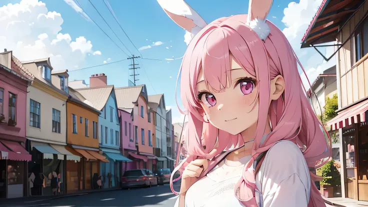 Highest quality, pretty girl, pastel colour, Fluffy bunny ears,Pink Hair,Pale pink eyes,shopping,Sunshine Pop