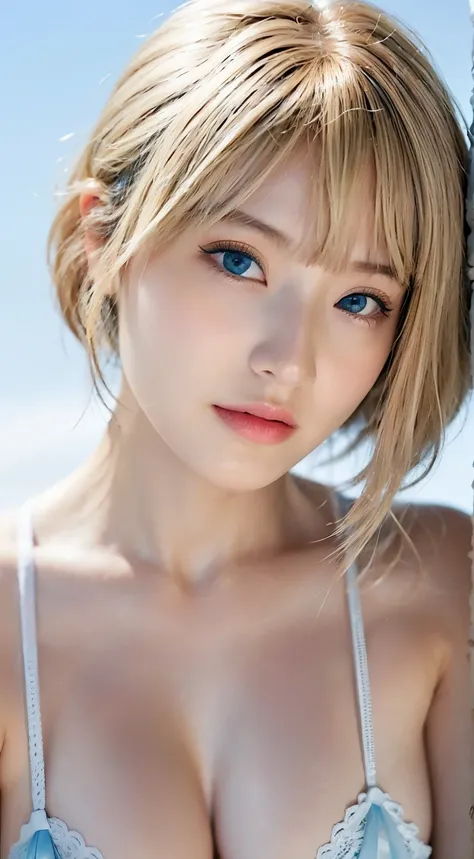 beautiful and fair、glowing skin, 3 up, nice, bright, refreshing and gentle look, perfect beautiful face、blonde short hair，beauti...