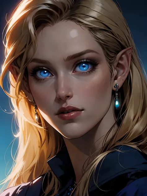 beautiful blond elven woman in her 30s, with blue eyes and striking features, exuding maturity and allure in a seductive pose.(dark-blue background), pointy ears, glowing eyes, beauty, blond medium hair, an14