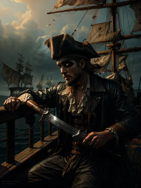 Pirate with an eyepatch, Bearded, Grim face, Wear a tricorn hat, Holding a sword, On the deck of a pirate ship, Dramatic lighting, Structure of the film, Digital Painting, Cinema Lighting, A calming color palette, Gloomy atmosphere