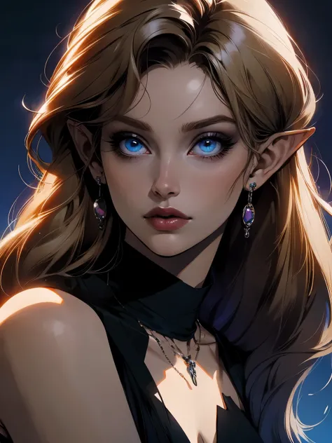 beautiful blond elven woman in her 30s, with blue eyes and striking features, exuding maturity and allure in a seductive pose.(dark-blue background), pointy ears, glowing eyes, beauty, blond medium hair, an14