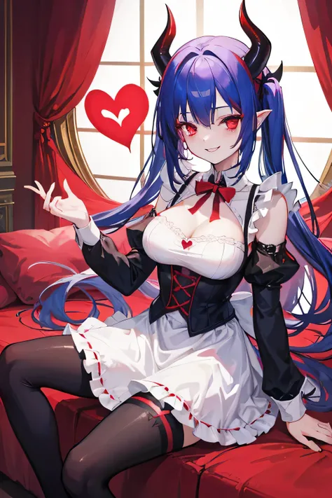 A beautiful girl, demon, maid, smiling, red crimson eyes color, dark blue hair color, demon horns, demon tails, demon wing, 27-year-old, laughing, heart sign