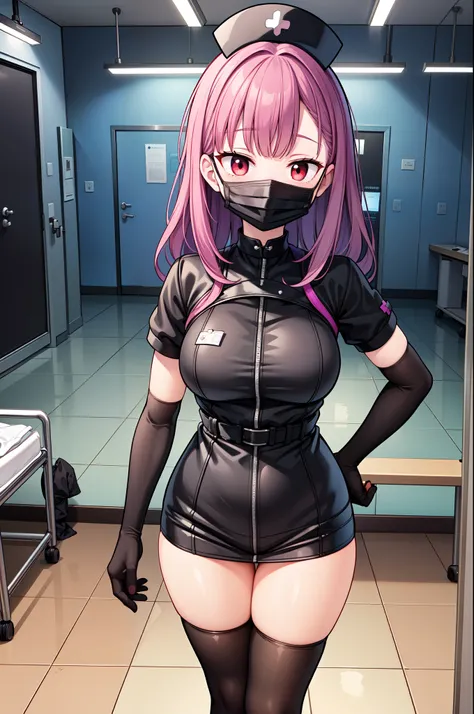 black nurse, 1woman, solo, black nurse cap, black nurse uniform, ((black legwear, zettai ryouiki)), black elbow gloves, long hair, purple hair, red eyes, ((black surgical mask, covered nose)), standing, ((surgery room)), sharp outline, short sleeves, matur...