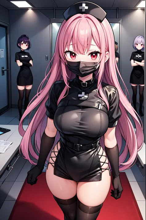 black nurse, 1woman, solo, black nurse cap, black nurse uniform, ((black legwear, zettai ryouiki)), black elbow gloves, long hair, purple hair, red eyes, ((black surgical mask, covered nose)), standing, ((surgery room)), sharp outline, short sleeves, matur...