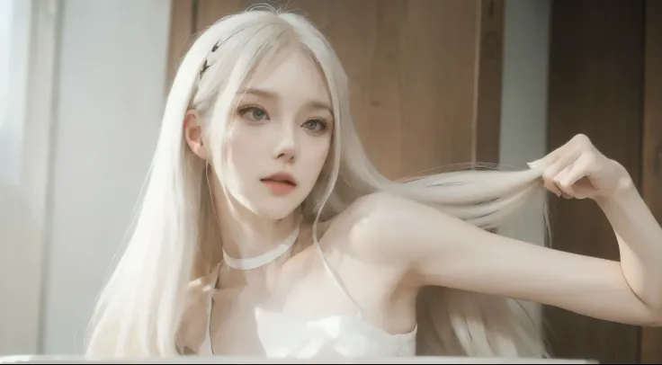 Blonde woman with white hair and bangs holding hair dryer., long white hair and bangs, with long white hair, with long white hair, White hime cut hairstyle, long straight hair, long white hair, detailed long white hair, white bangs, beautiful gray hair, wh...