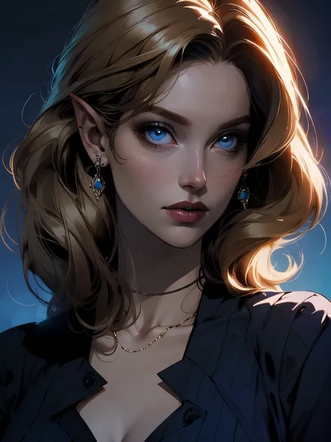 beautiful blond elven woman in her 30s, with blue eyes and striking features, exuding maturity and allure in a seductive pose.(dark-blue background), pointy ears, glowing eyes, beauty, blond medium hair, an14
