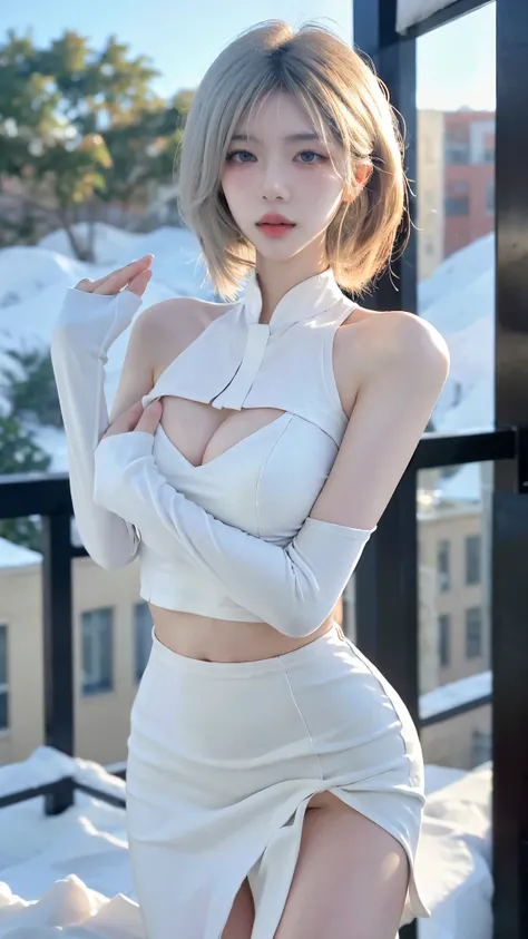 Beautiful woman with perfect figure:1.4，snow，Touching butt with both hands，snow背景，Layered Hairstyle，White skin，Prominent cleavage，Pleated Skirt，whole body，Very delicate face and skin texture，Double eyelids，Skin Whitening，Long white hair