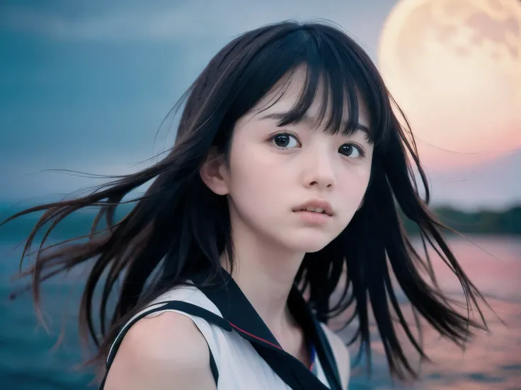 (Close up face shot of slender small-breasted two side up black medium hair with bangs girl wearing a white summer dress:1.5)、(One girl is turn around and big crying face with tears at the cape of the sea in Japan:1.5)、(Beautiful full moon night on the sea...