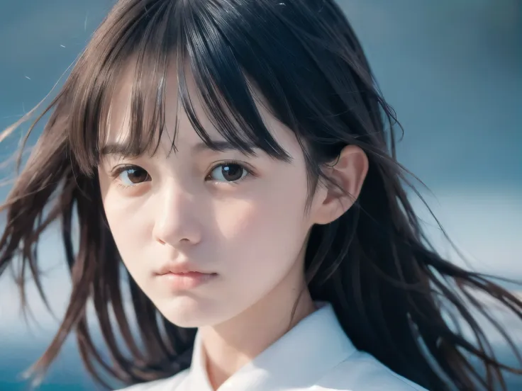 (Close up face shot of slender small-breasted two side up black medium hair with bangs girl wearing a white summer dress:1.5)、(One girl is turn around and big crying face with tears at the cape of the sea in Japan:1.5)、(Beautiful halfmoon night on the sea:...