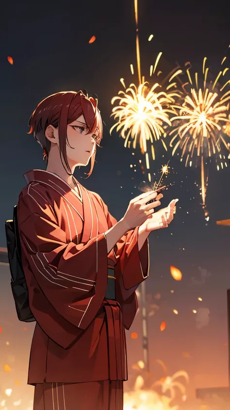 boy、red yukata、firework