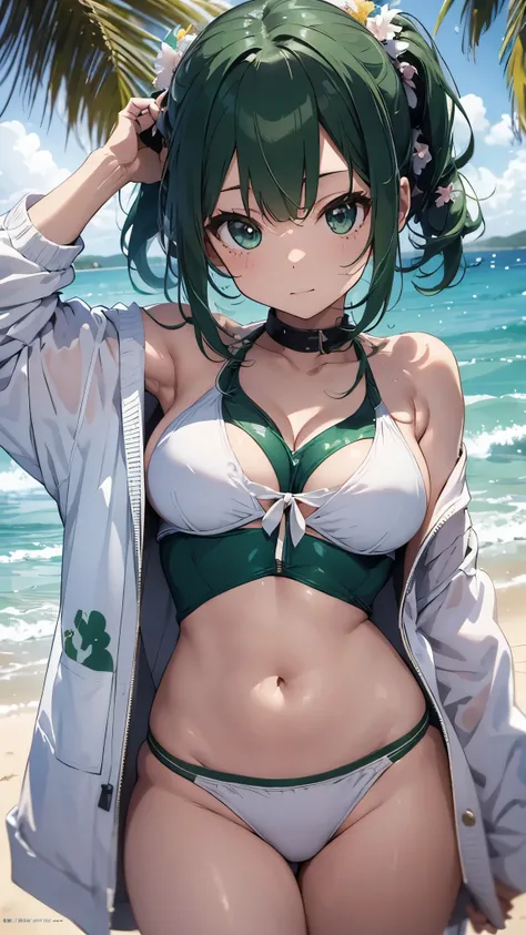 4K,8k,Green haired girl drawn in high resolution Japanese anime style、whole body、Women in white bikinis taking photos on a deserted beach, Bikini Model, , Young and cute gravure idol, Posing together in a bra, Russian and Japanese mix, sakimichan, Asian wo...