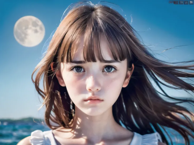 (Close up face shot of slender small-breasted red brown wavy long hair with dull bangs girl wearing a white summer dress:1.5)、(One girl is turn around and big crying face with tears at the cape of the sea in Japan:1.5)、(Beautiful full moon night on the sea...