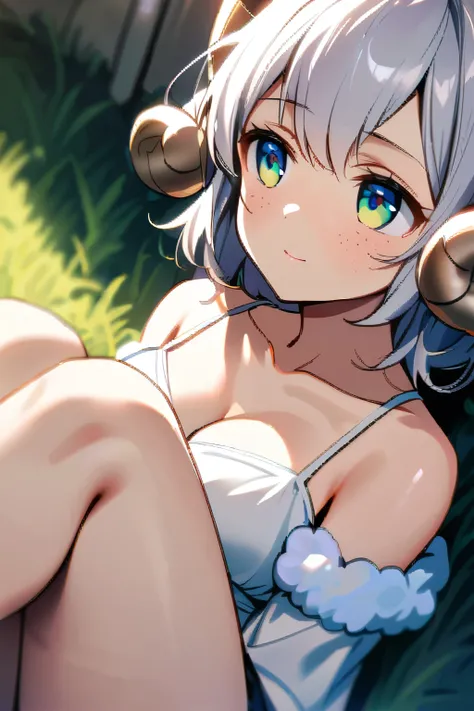 HDR,Dutch angle,1 girl,cherubic sheep girl,white hair,medium breasts,curved sheep horns,soft fluffy white clothes,cleavage,bare shoulders,delicate freckles,detailed eyes,(expressionless),smile,jitome, BREAK sitting on meadow,she gazes off into the distance...