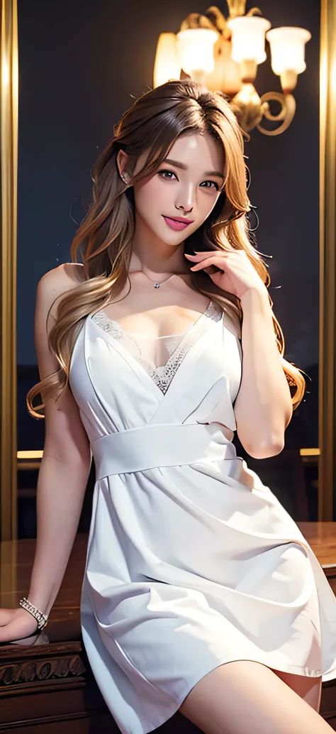 bride、Wedding Style、wedding style photos、Luxury dresses、church、Light clothing、Formal Wear、night scene、illumination、Blue eyes、bionde、Full body photo、Sexy Face、Super long brown hair,Hair with loose waves inside、 Complete look、(((masterpiece)))、((Highest qual...