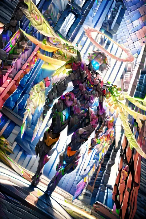 (best quality, masterpiece, colorful, dynamic angle, from below, highest detailed)upper body photo, full body photo, fashion photography of cute mechangel, glowing 4 wings, solo, glowing armor, glowing halo, building, glowing mechanical 4 wings (intricate ...