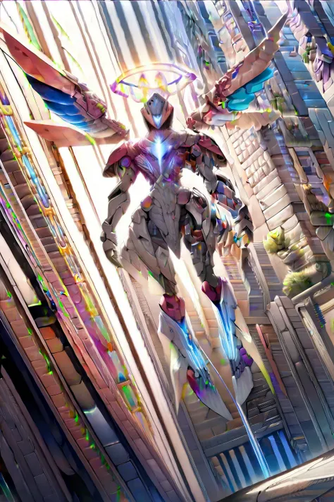 (best quality, masterpiece, colorful, dynamic angle, from below, highest detailed)upper body photo, full body photo, fashion photography of cute mechangel, glowing 4 wings, solo, glowing armor, glowing halo, building, glowing mechanical 4 wings (intricate ...