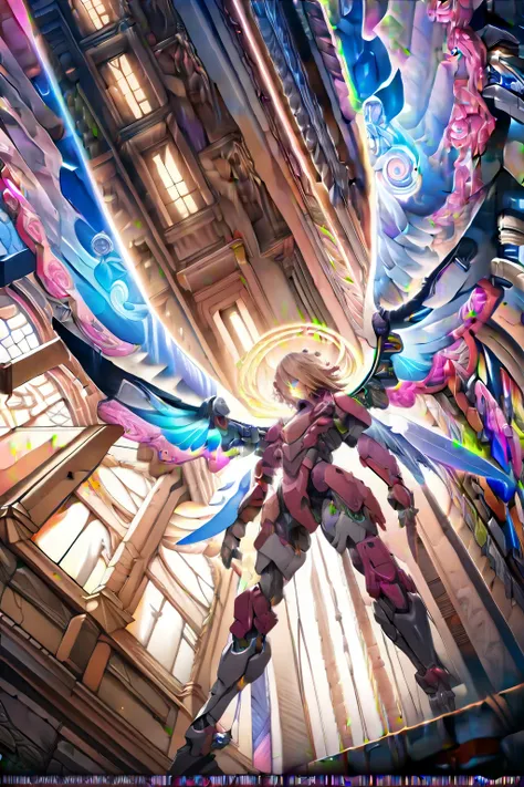 (best quality, masterpiece, colorful, dynamic angle, from below, highest detailed)upper body photo, full body photo, fashion photography of cute mechangel, glowing 4 wings, solo, glowing armor, glowing halo, building, glowing mechanical 4 wings (intricate ...