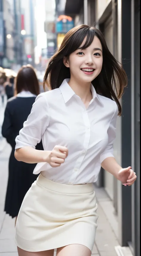 Attractive lonely woman in white collar shirt and tight skirt in the city、Japanese、1 person、Young and cute gravure idol,  photographrealistic: 1.5、Japanese, droopy eyes: 1.3, perfect proportions, portrait, , ((real skin)) 
Smiling face、Full body image、Runn...