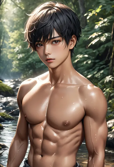 high quality, detailed, Realistic,(one 24 years old tanned japanese boy:1.5), (tanned face), (detailed black eyes), (black short hair), (muscle:1.2), forest bathing, river, in the woods, (bulge), (detailed nipples), detailed areola, best quality, 4k, 8k, h...