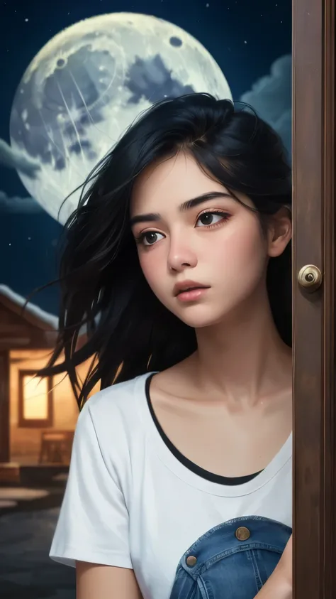 ((best quality)), ((masterpiece)), (detailed), A digital illustration of a long black haired teenage girl slowly opening a door with a expression of tense on her face. She is wearing a plain white t-shirt and blue jeans. The background is full moon and hau...