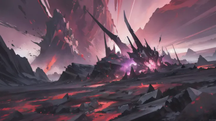 Create a dynamic and intense battle scene background that reflects an otherworldly, chaotic battlefield. The scene should incorporate:

Sky: A tumultuous, reddish-pink sky streaked with lighter hues, suggesting a surreal or apocalyptic setting.
Energy Effe...