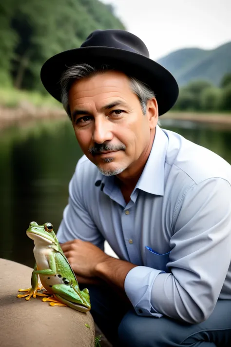 A 50 year old guy with a gentle face and dark eyes is posing for a photo with a frog, looking into the lens, the riverbank backdrop, the image is surreal and clear.