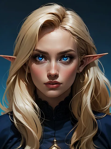 beautiful blond elven woman in her 30s, with blue eyes and striking features, exuding maturity and allure in a seductive pose.(dark-blue background), pointy ears, glowing eyes, beauty, blond long hair,blond short hair ,blond medium hair ,an14